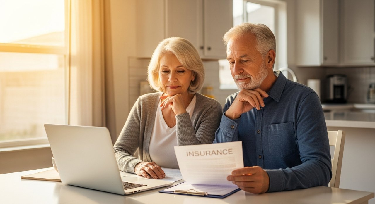 A senior couple in their 60s reviewing long-term care insurance documents at a sunlit kitchen table in their Las Vegas Nevada home, discussing nursing home cost planning and the Nevada Partnership Program for asset protection in 2026.