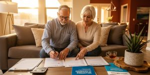 Senior couple in Las Vegas suburban home reviewing Medicare annual wellness visit documents on sofa. Two older adults check off wellness checklist with pen and calculator on coffee table. Scene demonstrates organized healthcare planning and preparation for Medicare annual wellness visit Las Vegas seniors 2026 appointment with warm sunlight from window.