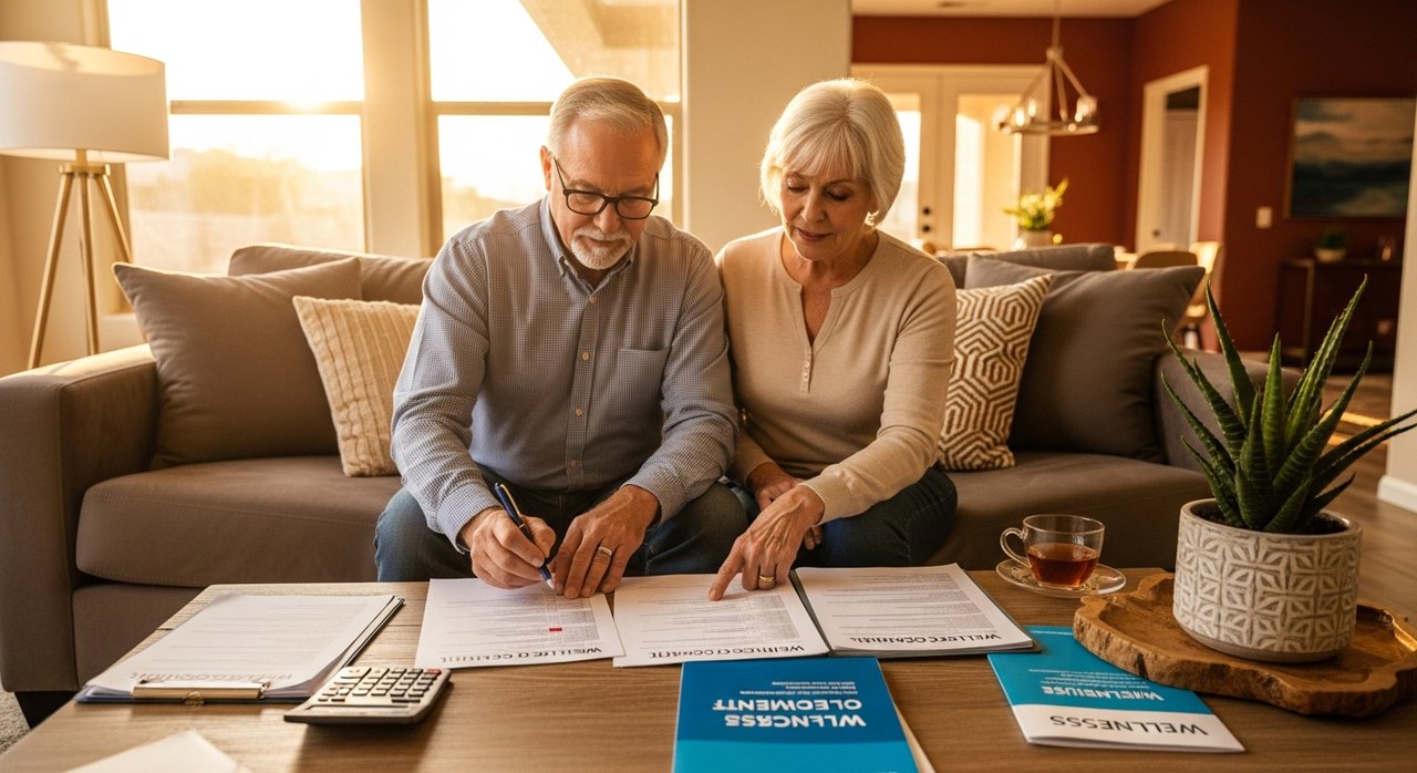 Senior couple in Las Vegas suburban home reviewing Medicare annual wellness visit documents on sofa. Two older adults check off wellness checklist with pen and calculator on coffee table. Scene demonstrates organized healthcare planning and preparation for Medicare annual wellness visit Las Vegas seniors 2026 appointment with warm sunlight from window.