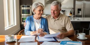 Senior couple comparing Medicare supplement plan documents at home in Las Vegas