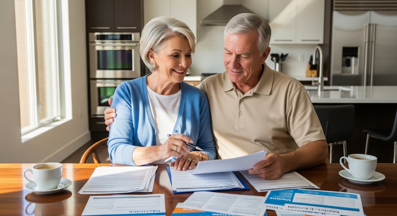 Senior couple comparing Medicare supplement plan documents at home in Las Vegas