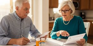 A senior couple in their 70s in their Las Vegas home reviewing prescription medications and discussing medication side effects at their kitchen table with bright natural lighting. The focused, informed approach to managing medication side effects in seniors over 60 is captured as they carefully examine pill bottles and prescriptions together for their healthcare safety and well-being.