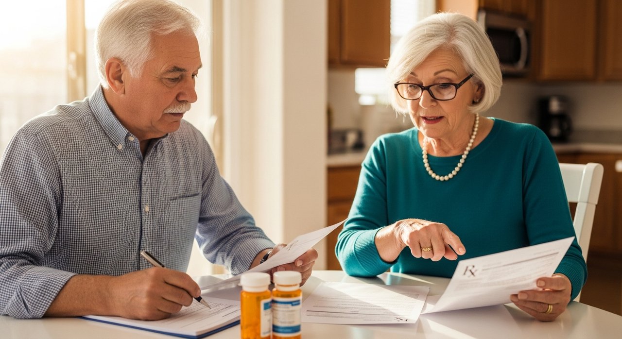 A senior couple in their 70s in their Las Vegas home reviewing prescription medications and discussing medication side effects at their kitchen table with bright natural lighting. The focused, informed approach to managing medication side effects in seniors over 60 is captured as they carefully examine pill bottles and prescriptions together for their healthcare safety and well-being.