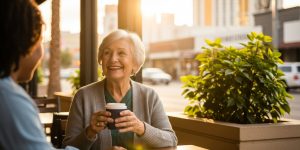 A smiling senior woman in her late sixties enjoying afternoon coffee at a local Las Vegas café, with warm golden sunlight streaming through the window, representing compassionate memory care facilities and quality of life available for seniors with dementia in Las Vegas Nevada.