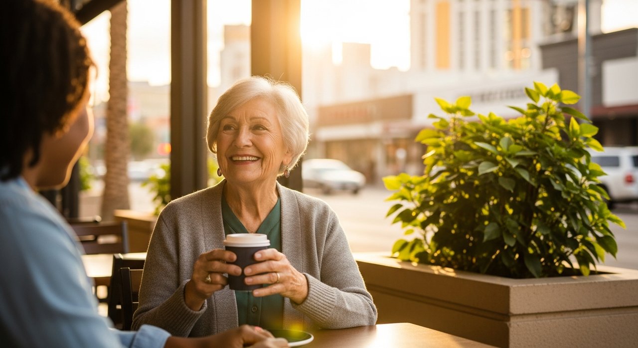 A smiling senior woman in her late sixties enjoying afternoon coffee at a local Las Vegas café, with warm golden sunlight streaming through the window, representing compassionate memory care facilities and quality of life available for seniors with dementia in Las Vegas Nevada.