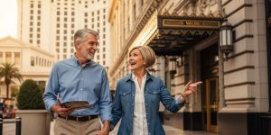 A senior couple in their 60s walking happily toward the Mob Museum entrance in downtown Las Vegas, smiling on a sunny afternoon. This reflects mob museum senior discounts Las Vegas residents over 65 can access for just $22, or free on the first Tuesday of each month as Nevada residents.