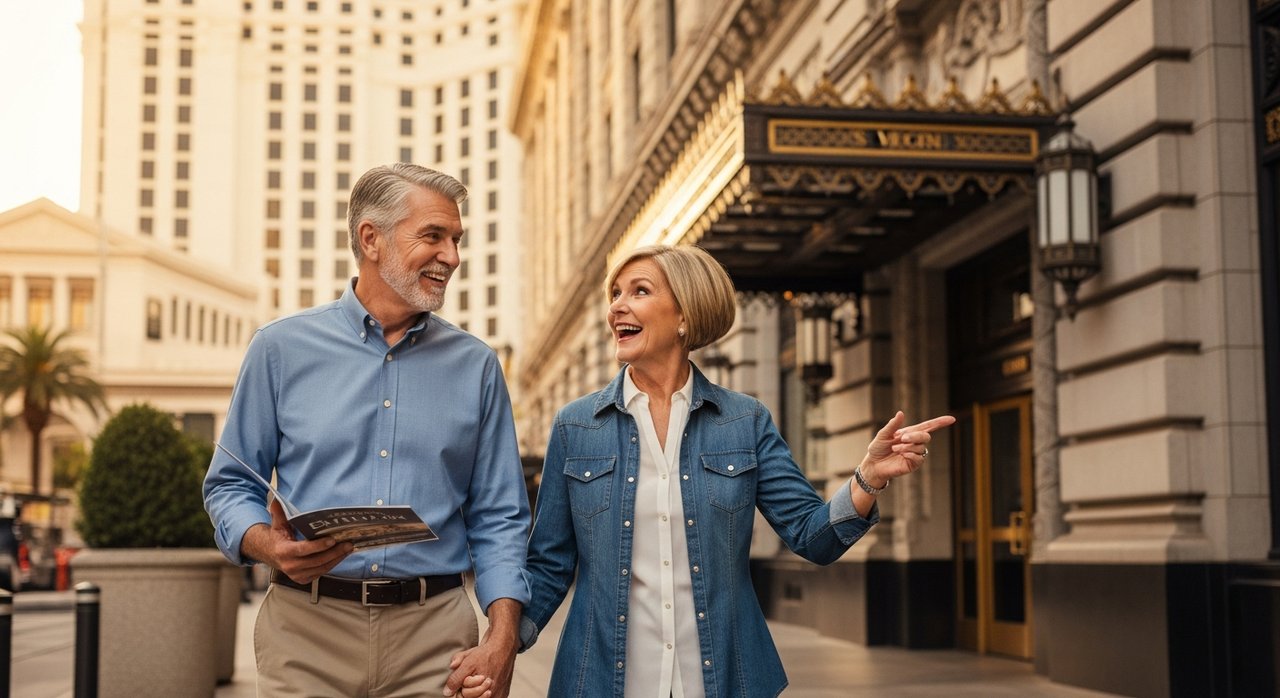 Senior couple inside the Mob Museum in downtown Las Vegas, standing in front of organized crime history exhibits with museum displays in the background.