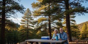 A senior couple in their 60s relaxing at a shaded pine forest picnic area on Mount Charleston near Las Vegas, Nevada — a cool mountain retreat just 35 miles from the Strip, perfect for seniors escaping the summer heat.