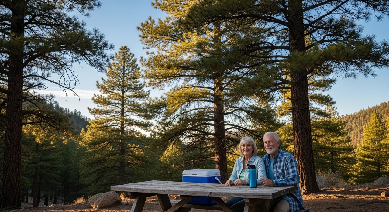 A senior couple in their 60s relaxing at a shaded pine forest picnic area on Mount Charleston near Las Vegas, Nevada — a cool mountain retreat just 35 miles from the Strip, perfect for seniors escaping the summer heat.