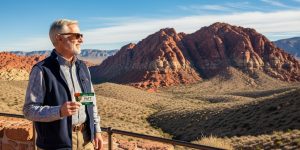 A senior man in his 60s at Red Rock Canyon National Conservation Area near Las Vegas, holding his America the Beautiful Senior Pass, representing the best national parks near Las Vegas accessible with the $80 lifetime senior pass in 2026.