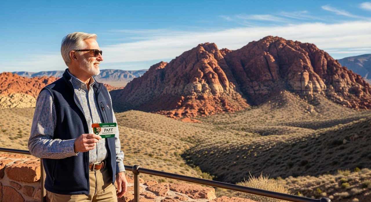 A senior man in his 60s at Red Rock Canyon National Conservation Area near Las Vegas, holding his America the Beautiful Senior Pass, representing the best national parks near Las Vegas accessible with the $80 lifetime senior pass in 2026.