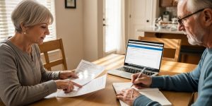A senior couple in their 60s reviewing Nevada Medicaid eligibility documents at their kitchen table in Las Vegas, checking 2026 income limits and asset rules on a laptop to apply for senior healthcare coverage