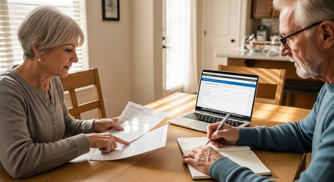 A senior couple in their 60s reviewing Nevada Medicaid eligibility documents at their kitchen table in Las Vegas, checking 2026 income limits and asset rules on a laptop to apply for senior healthcare coverage