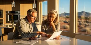 A senior couple in their 60s reviewing Nevada property tax exemption documents at a sunlit kitchen table in their Las Vegas home, discussing tax relief options available to seniors over 62 in 2026.