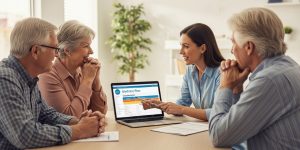A senior couple in Las Vegas receiving free, unbiased Medicare counseling from a Nevada SHIP volunteer counselor, carefully reviewing Medicare plan comparison options on a laptop in a bright community office setting in 2026.
