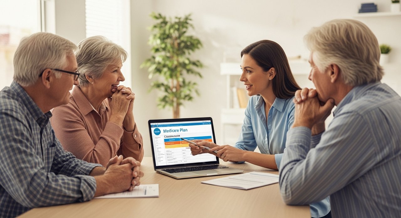 A senior couple in Las Vegas receiving free, unbiased Medicare counseling from a Nevada SHIP volunteer counselor, carefully reviewing Medicare plan comparison options on a laptop in a bright community office setting in 2026.