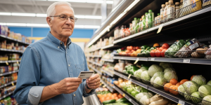 A senior man in his late 60s using an EBT card while shopping for groceries at a Nevada supermarket, standing in the produce aisle with a look of confidence and ease.