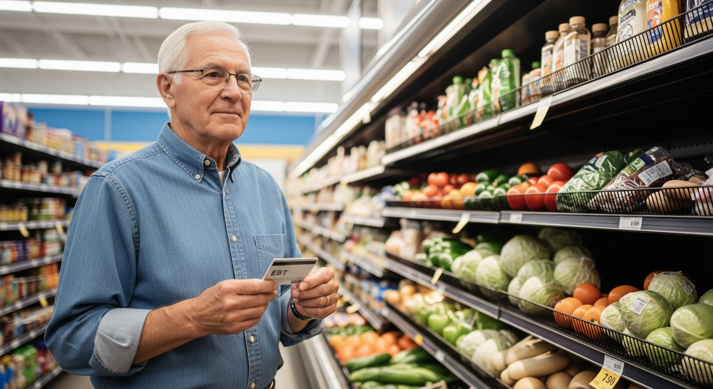 A senior man in his late 60s using an EBT card while shopping for groceries at a Nevada supermarket, standing in the produce aisle with a look of confidence and ease.
