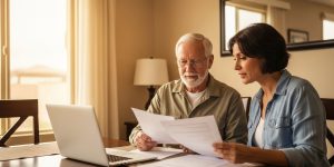 A senior man and his adult daughter reviewing nursing home versus home care documents together at a dining table in a Las Vegas home, discussing long-term care options with warm natural light in the background.