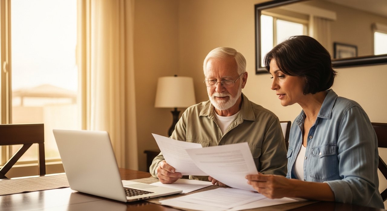 A senior man and his adult daughter reviewing nursing home versus home care documents together at a dining table in a Las Vegas home, discussing long-term care options with warm natural light in the background.