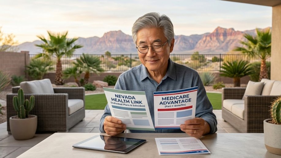Elderly Asian man reviewing Nevada Health Link and Medicare brochures.