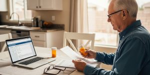 A senior man in his 60s reviewing prescription medication assistance paperwork and benefit program documents in a Las Vegas home, checking Nevada Senior RX and Medicare Extra Help eligibility in 2026