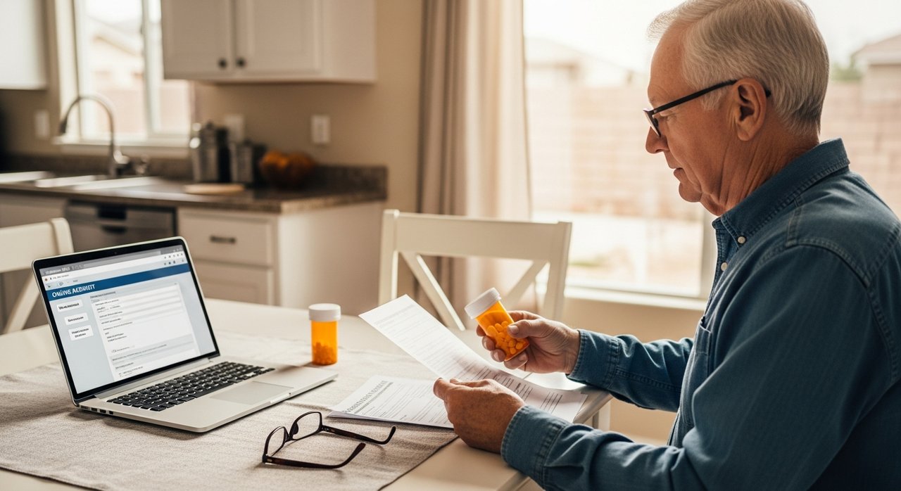 A senior man in his 60s reviewing prescription medication assistance paperwork and benefit program documents in a Las Vegas home, checking Nevada Senior RX and Medicare Extra Help eligibility in 2026