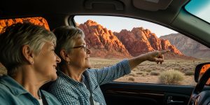 A senior couple in their 60s enjoying the Red Rock Canyon scenic drive from inside their car near Las Vegas, Nevada, with dramatic red sandstone formations glowing in early morning light outside the window — a perfect accessible day trip for seniors over 60.