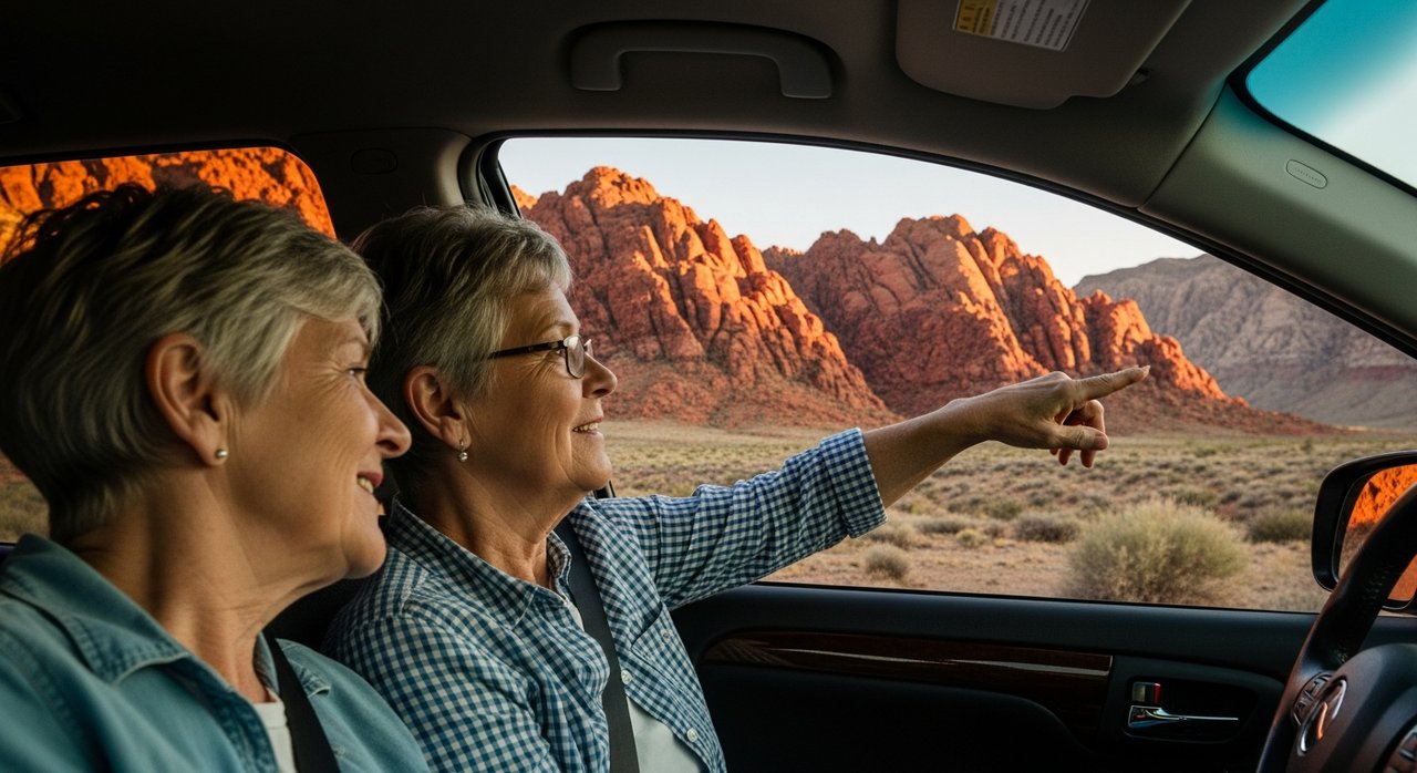 A senior couple in their 60s enjoying the Red Rock Canyon scenic drive from inside their car near Las Vegas, Nevada, with dramatic red sandstone formations glowing in early morning light outside the window — a perfect accessible day trip for seniors over 60.