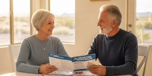 A senior couple in their 60s reviewing reverse mortgage documents at a sunny kitchen table in their Las Vegas home, discussing the pros and cons of a home equity conversion mortgage as part of their Nevada retirement financial planning.