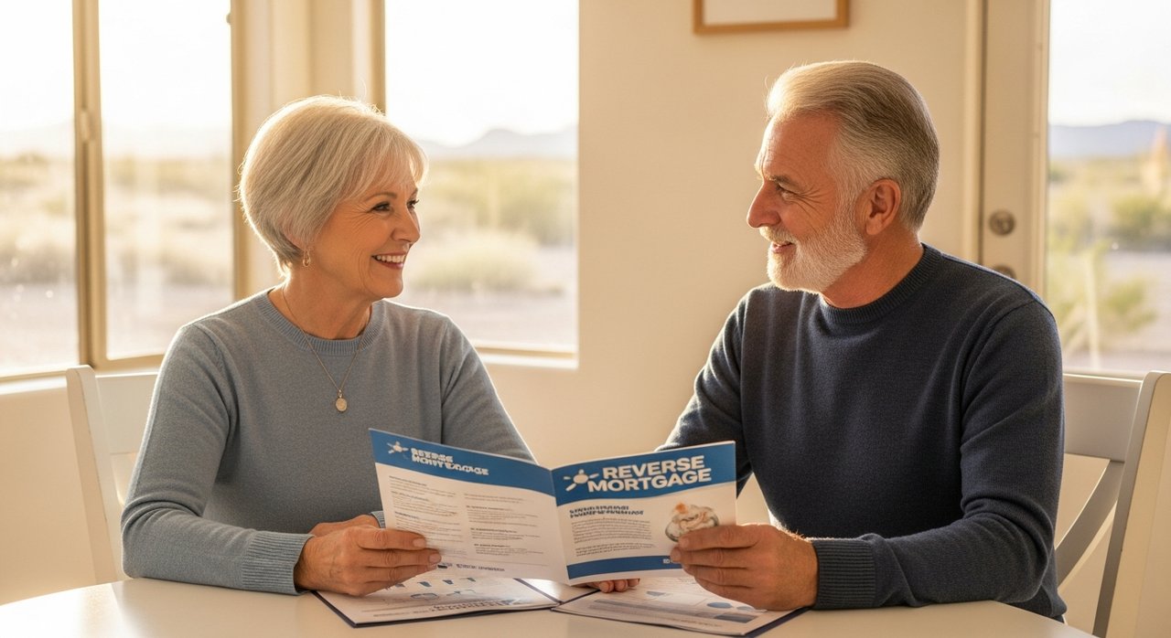A senior couple in their 60s reviewing reverse mortgage documents at a sunny kitchen table in their Las Vegas home, discussing the pros and cons of a home equity conversion mortgage as part of their Nevada retirement financial planning.