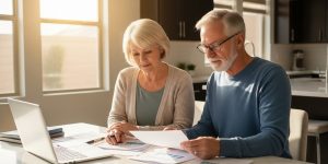 A senior couple in their 60s reviewing Roth IRA conversion documents at a sunny kitchen table in their Las Vegas home, representing smart retirement tax planning with Roth IRA conversion for seniors over 60 in Nevada.