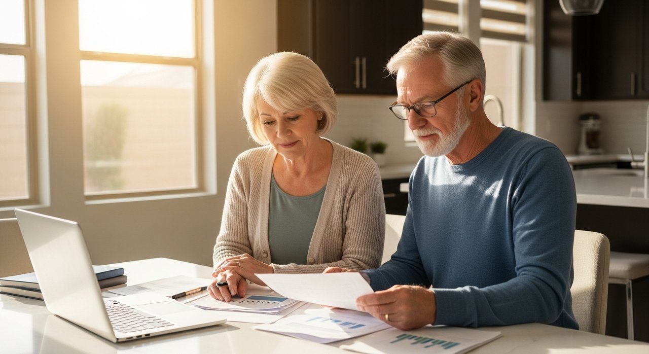 A senior couple in their 60s reviewing Roth IRA conversion documents at a sunny kitchen table in their Las Vegas home, representing smart retirement tax planning with Roth IRA conversion for seniors over 60 in Nevada.