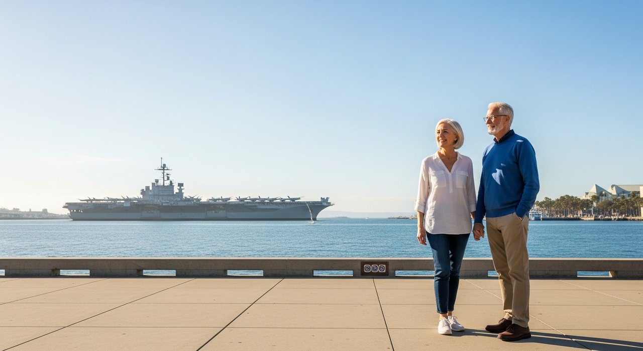 A senior couple in their 60s enjoying the accessible San Diego waterfront Embarcadero with the USS Midway Museum visible behind them, representing why San Diego is the better road trip choice than Los Angeles for Las Vegas seniors in 2026.
