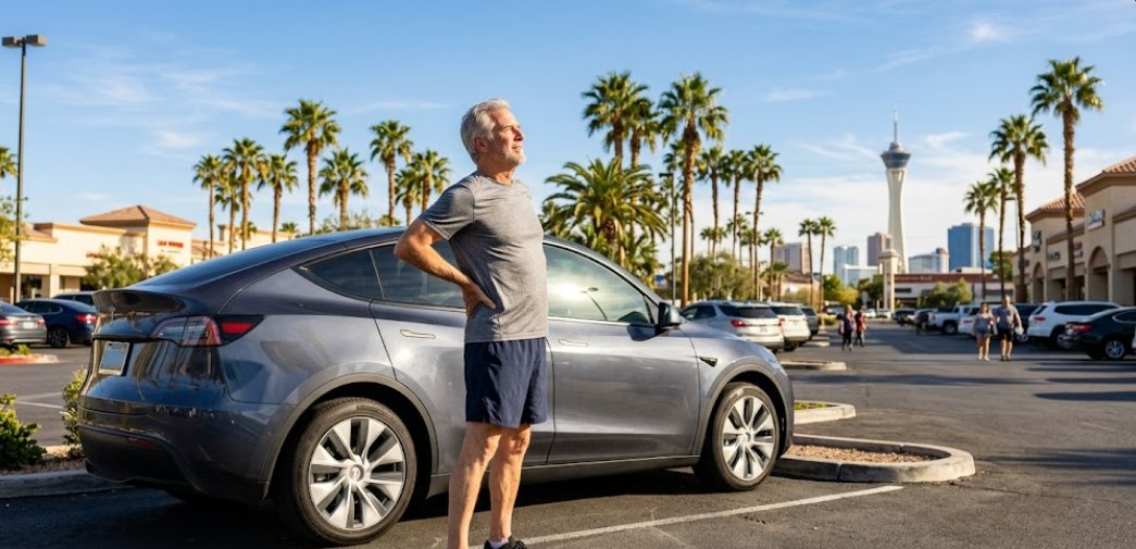Senior Uber driver stretching to relieve back pain beside his car in a Las Vegas parking lot