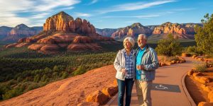 A senior couple in their mid-sixties enjoying an accessible scenic overlook of Sedona Arizona red rock formations, standing on a paved pathway during a day trip from Las Vegas, smiling with water bottles in hand under a bright blue sky, dramatic crimson sandstone cliffs visible in the background