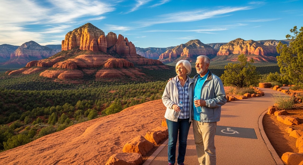 Senior couple enjoying accessible scenic overlook of Sedona red rock formations during a day trip from Las Vegas