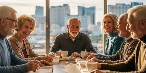 A diverse group of seniors in their 60s and 70s gathered around a library table, sharing book club discussion in Las Vegas. Several people are smiling and engaged in conversation while reading senior book clubs and social groups materials, with the Las Vegas skyline visible through the window behind them.
