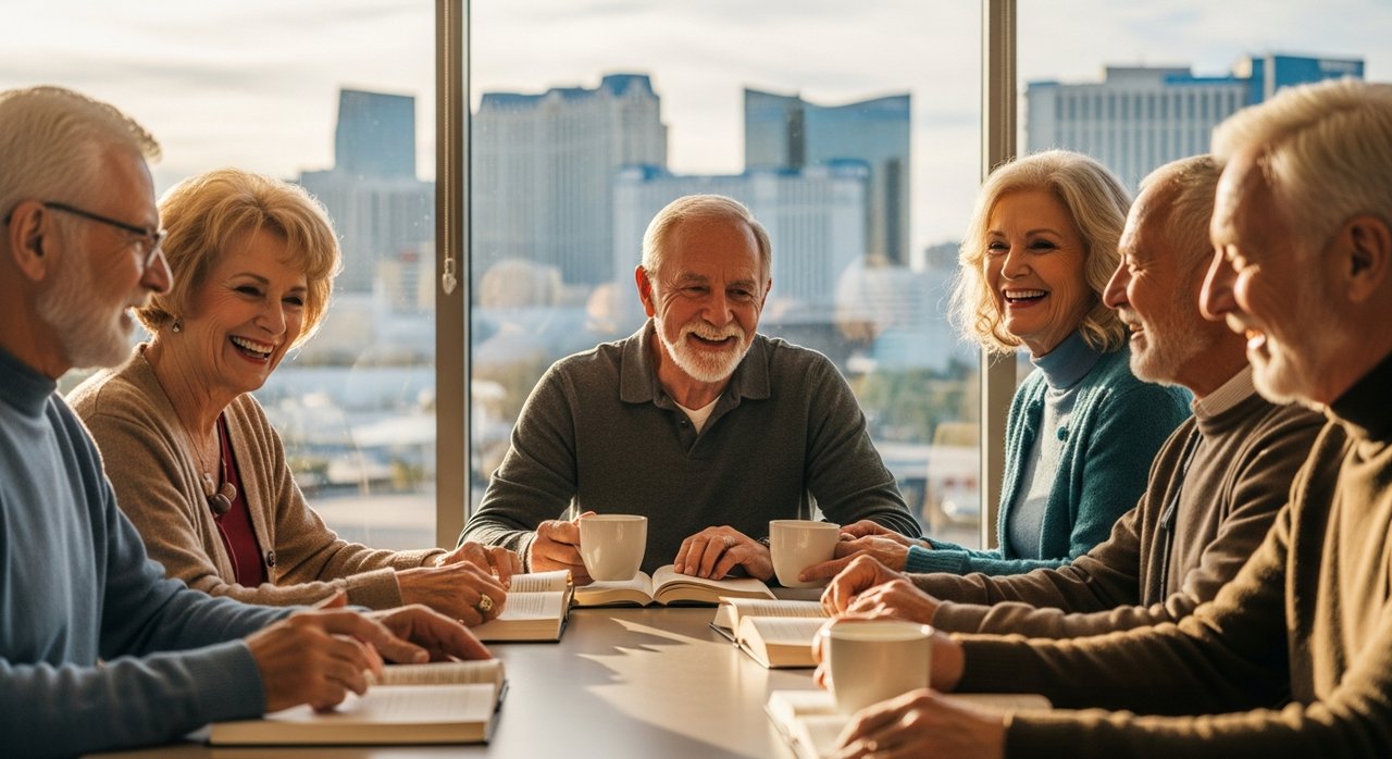A diverse group of seniors in their 60s and 70s gathered around a library table, sharing book club discussion in Las Vegas. Several people are smiling and engaged in conversation while reading senior book clubs and social groups materials, with the Las Vegas skyline visible through the window behind them.