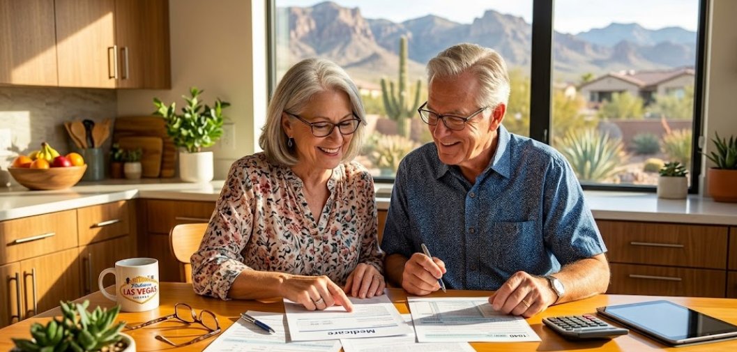 A smiling senior couple reviews tax and Medicare documents at a sunlit Las Vegas kitchen.