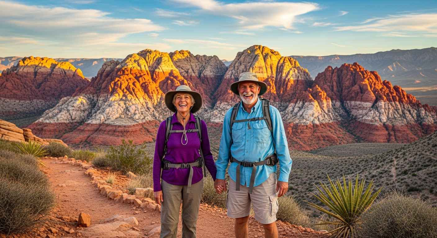 Two seniors enjoying a scenic viewpoint near Red Rock Canyon, Las Vegas, on a day trip