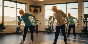 Senior adults in their 60s and 70s participating in a low-impact fitness class with resistance bands at a bright Clark County senior center in Las Vegas, Nevada, with natural desert sunlight streaming through large windows.