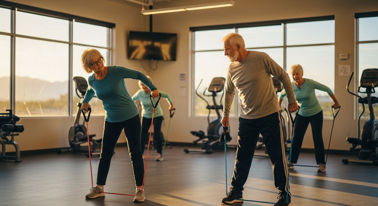 Senior adults in their 60s and 70s participating in a low-impact fitness class with resistance bands at a bright Clark County senior center in Las Vegas, Nevada, with natural desert sunlight streaming through large windows.