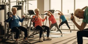 Active seniors in their 60s exercising together at a bright modern gym in Las Vegas, some using seated resistance machines while others participate in a group stretching class, representing senior friendly gyms and fitness centers in Las Vegas where older adults stay active and connected