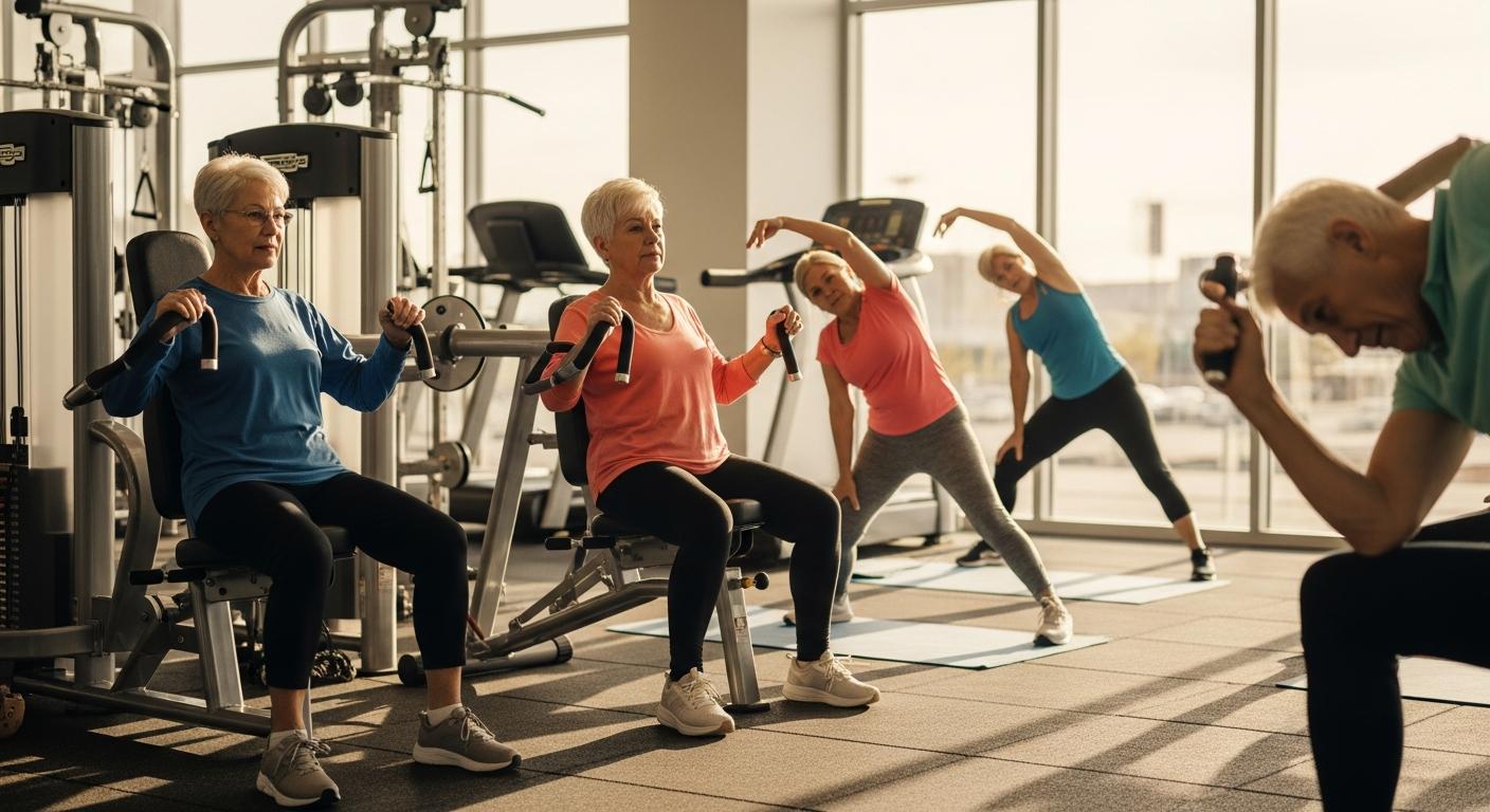 Active seniors in their 60s exercising together at a bright modern gym in Las Vegas, some using seated resistance machines while others participate in a group stretching class, representing senior friendly gyms and fitness centers in Las Vegas where older adults stay active and connected