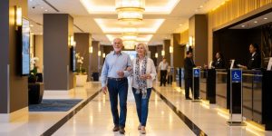 A senior couple in their 60s confidently navigating an accessible Las Vegas Strip hotel lobby with wide doorways and modern design, showcasing senior-friendly hotels built for accessibility and comfort with ADA-compliant amenities perfect for mobility-limited travelers visiting Las Vegas.
