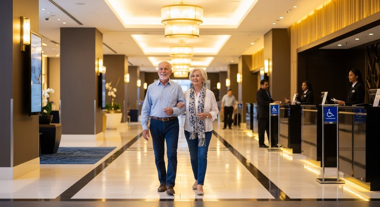 A senior couple in their 60s confidently navigating an accessible Las Vegas Strip hotel lobby with wide doorways and modern design, showcasing senior-friendly hotels built for accessibility and comfort with ADA-compliant amenities perfect for mobility-limited travelers visiting Las Vegas.