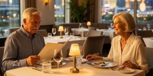 A senior couple in their late 60s enjoying dinner at a quiet, elegant Las Vegas restaurant with warm golden lighting. The woman smiles at her companion across the table while they review the menu together. The serene atmosphere with soft furnishings and neutral décor perfectly exemplifies the best senior-friendly restaurants in Las Vegas for retirees seeking accessible, peaceful dining experiences away from crowded casinos.