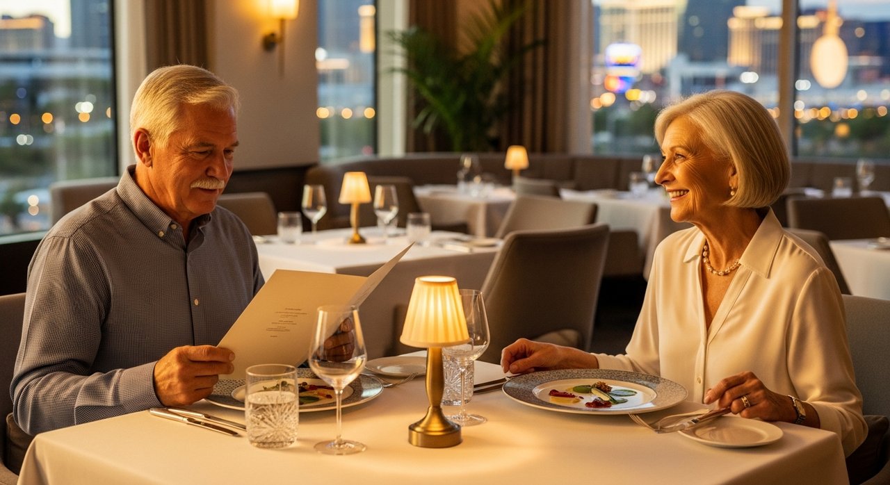 A senior couple in their late 60s enjoying dinner at a quiet, elegant Las Vegas restaurant with warm golden lighting. The woman smiles at her companion across the table while they review the menu together. The serene atmosphere with soft furnishings and neutral décor perfectly exemplifies the best senior-friendly restaurants in Las Vegas for retirees seeking accessible, peaceful dining experiences away from crowded casinos.
