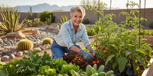 A senior woman in her 60s happily gardening in raised beds in her Las Vegas backyard, tending to heat-tolerant vegetables and desert plants in warm morning sunshine.